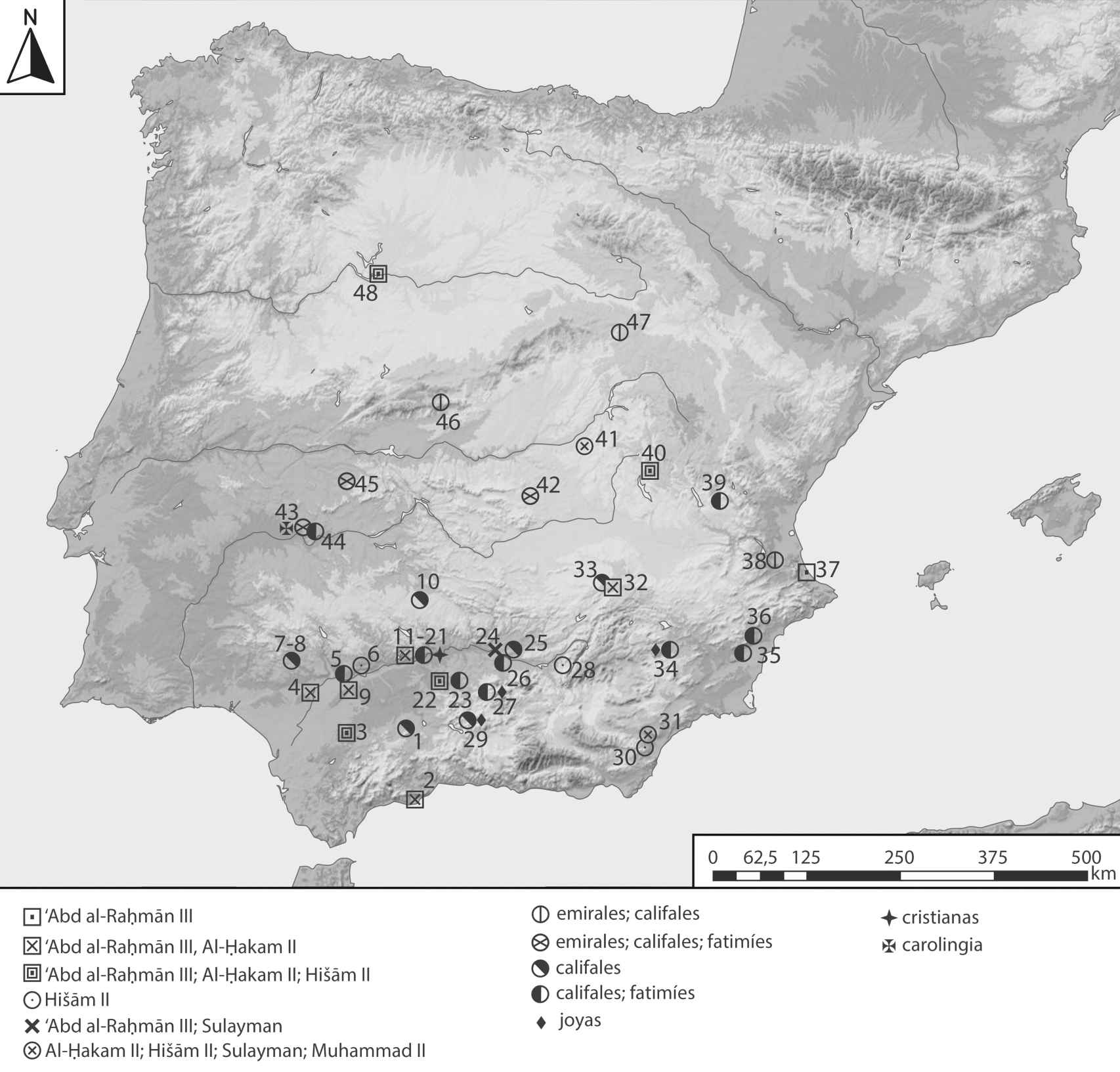 Localización geográfica de los depósitos de moneda califal en territorio peninsular.